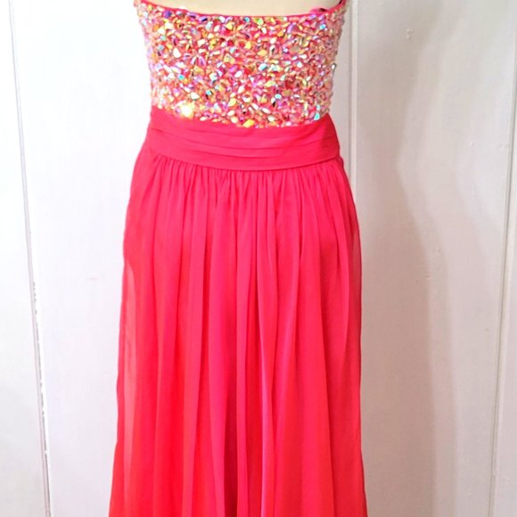 La Femme Fushia Chiffon Gown Prom Dress Jeweled Bodice - Picture 3 of 7